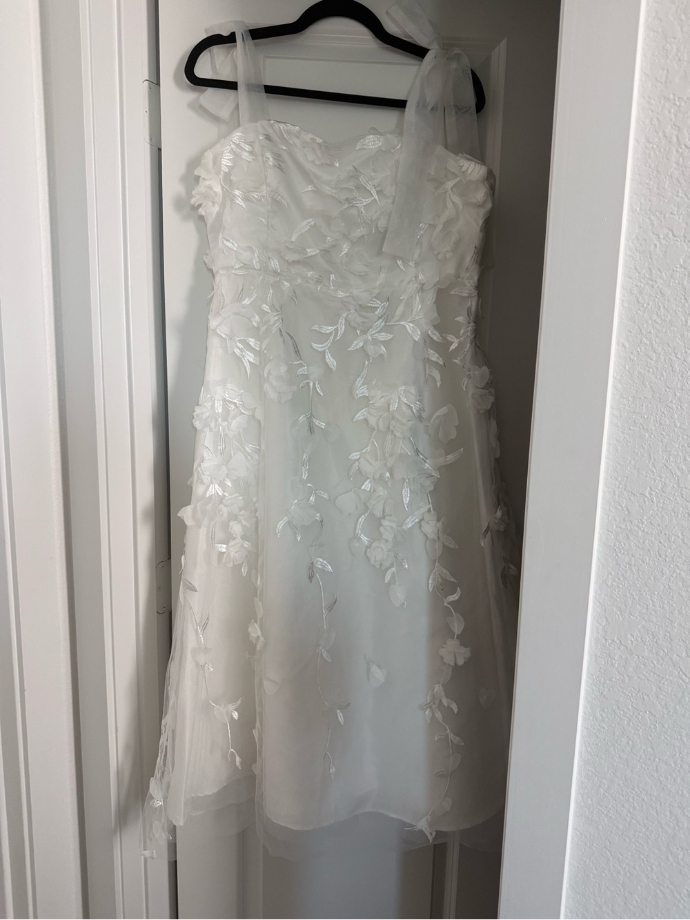 White Floral Appliqué Dress with Sheer Straps